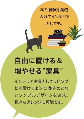 ■自由に置ける＆増やせる“家具”：インテリア家具としてリビングにも置けるように、飽きのこないシンプルデザインを追求。様々なアレンジも可能です。
